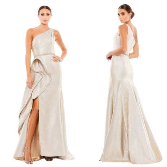 Mac Duggal Size 4 Ruffle One Shoulder Metallic Oyster Slit...